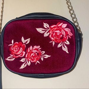 Purse,long strap,Maroon,Black,flowers,Roses.
